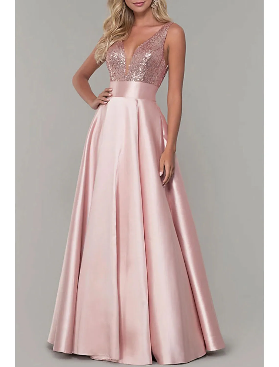 A-Line Prom Dresses Sparkle Dress Prom Formal Evening Floor Length Sleeveless V Neck Bridesmaid Dress Satin with Pleats Sequin
