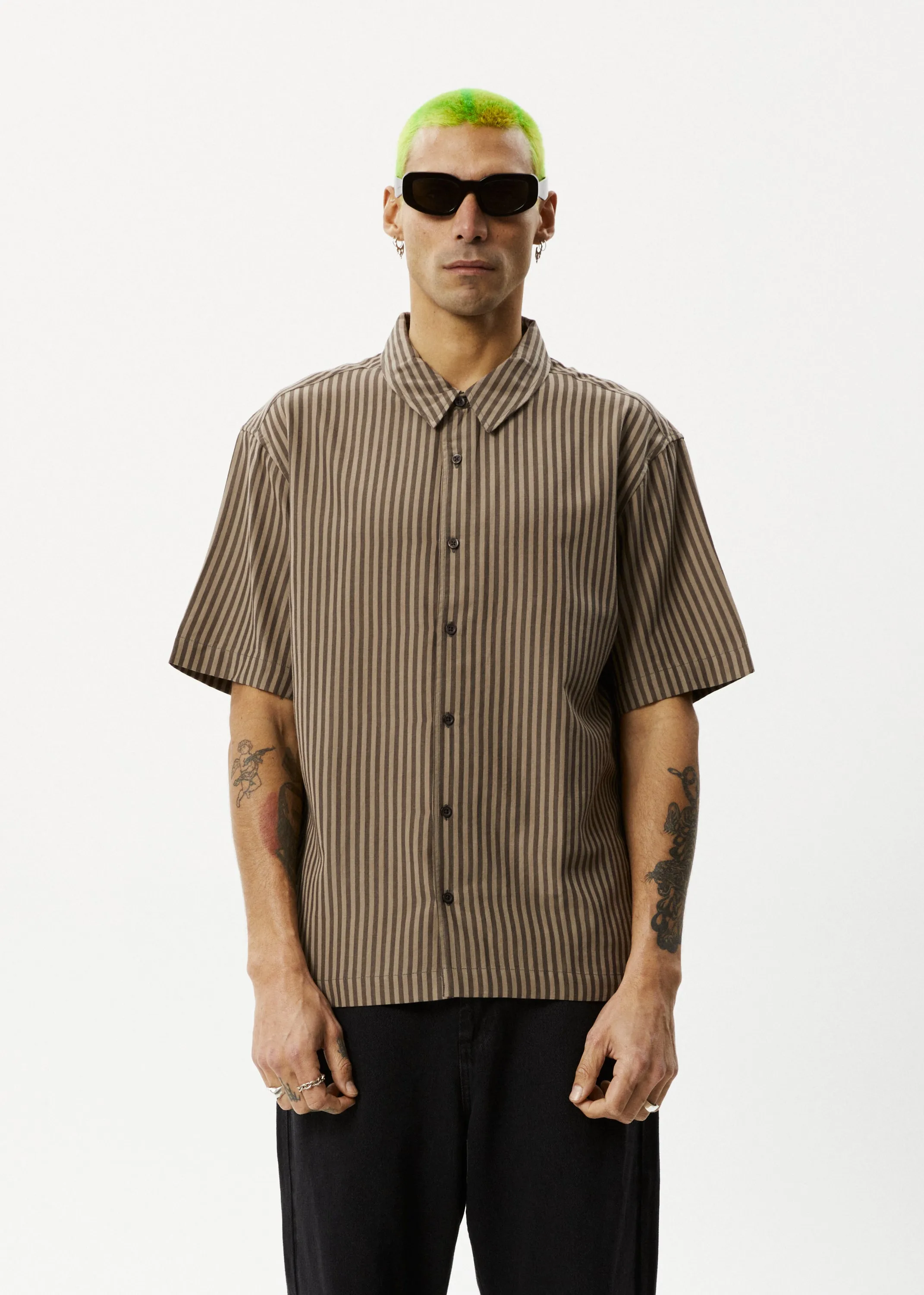 AFENDS Mens Space - Short Sleeve Shirt - Coffee Stripe