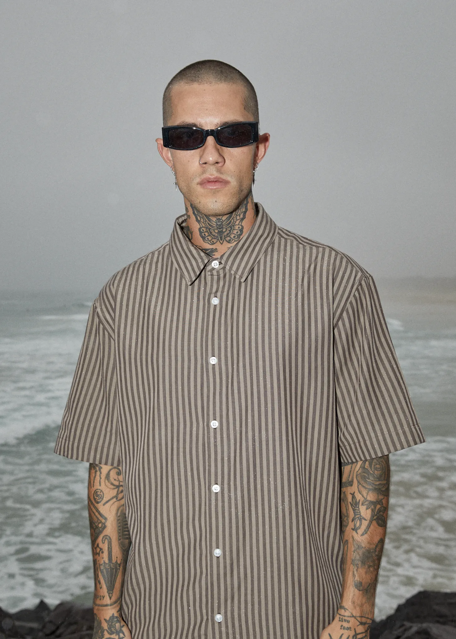 AFENDS Mens Space - Short Sleeve Shirt - Coffee Stripe