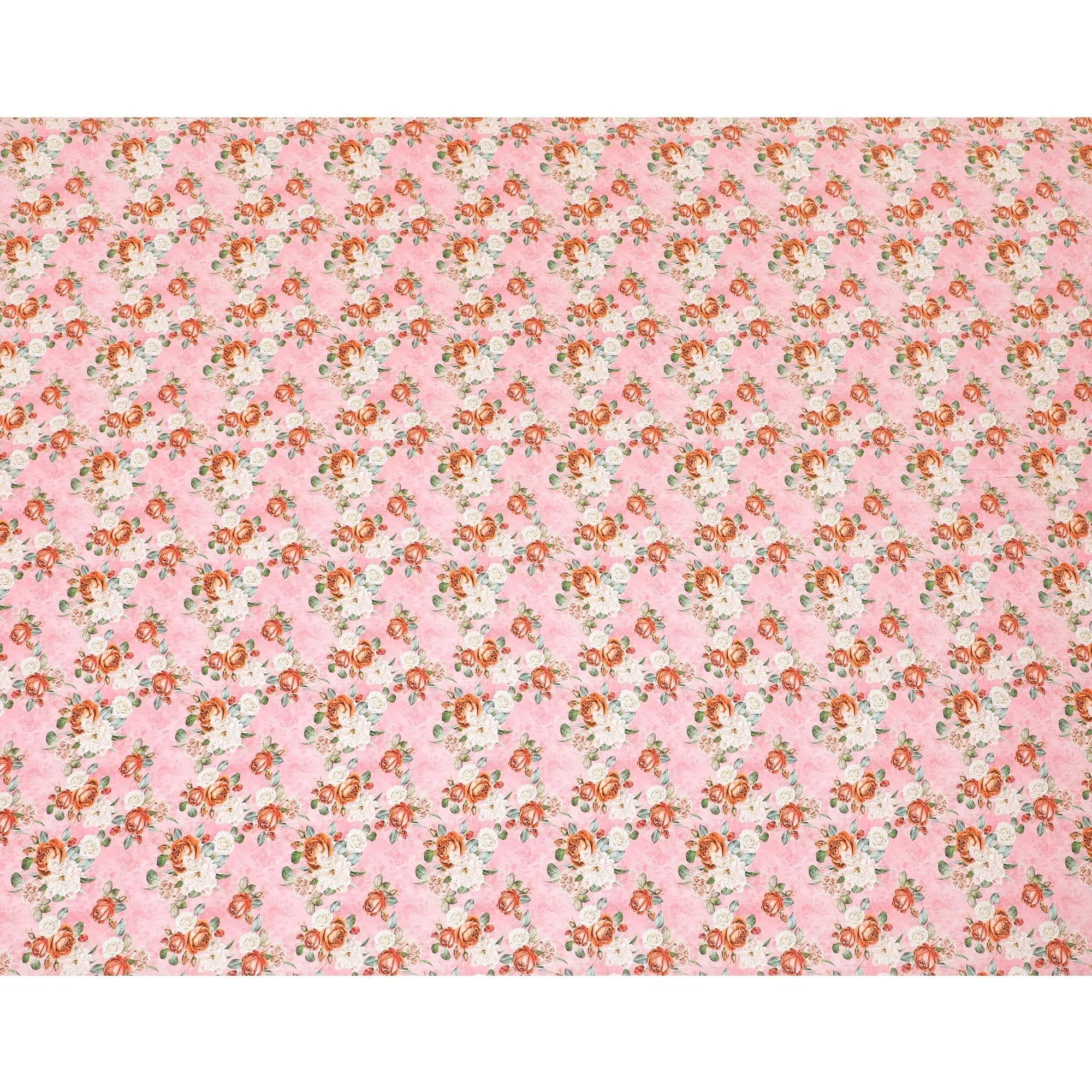 Baby pink premium pure silk crepe fabric with multicolor print in floral design-D9402