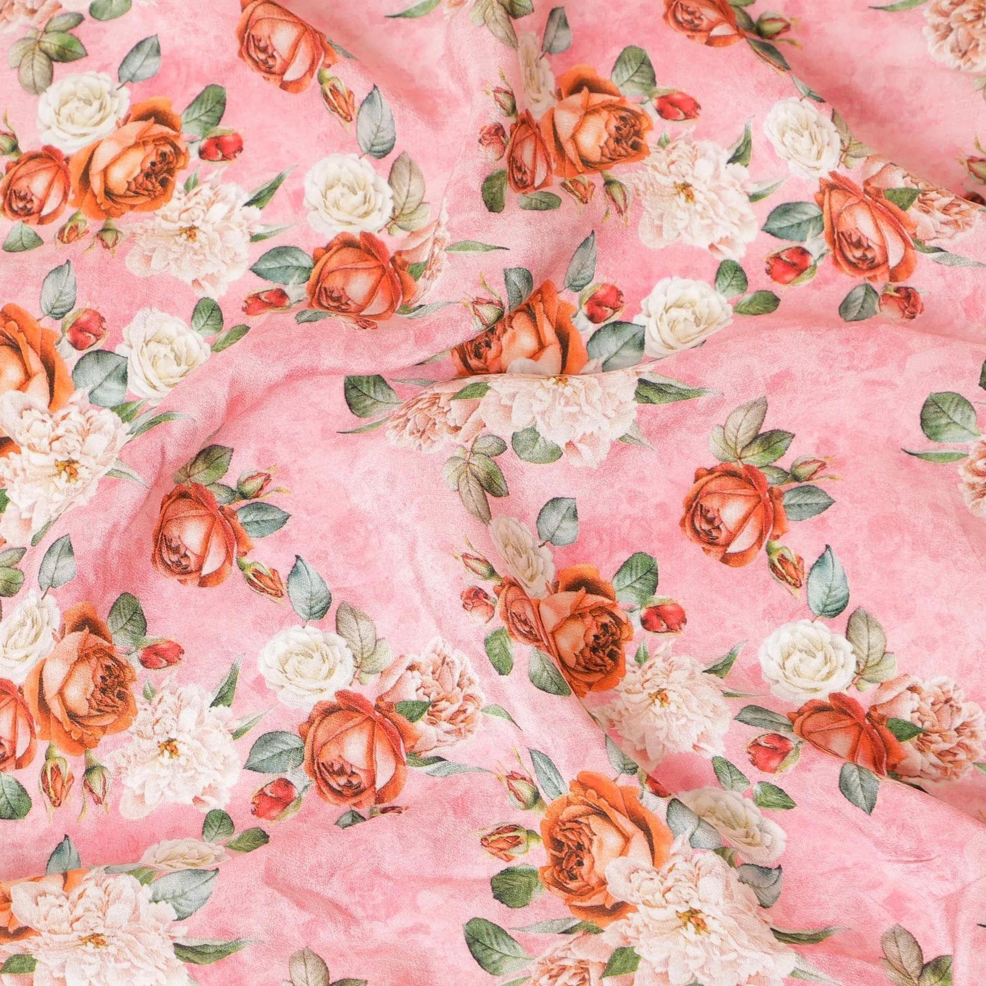 Baby pink premium pure silk crepe fabric with multicolor print in floral design-D9402