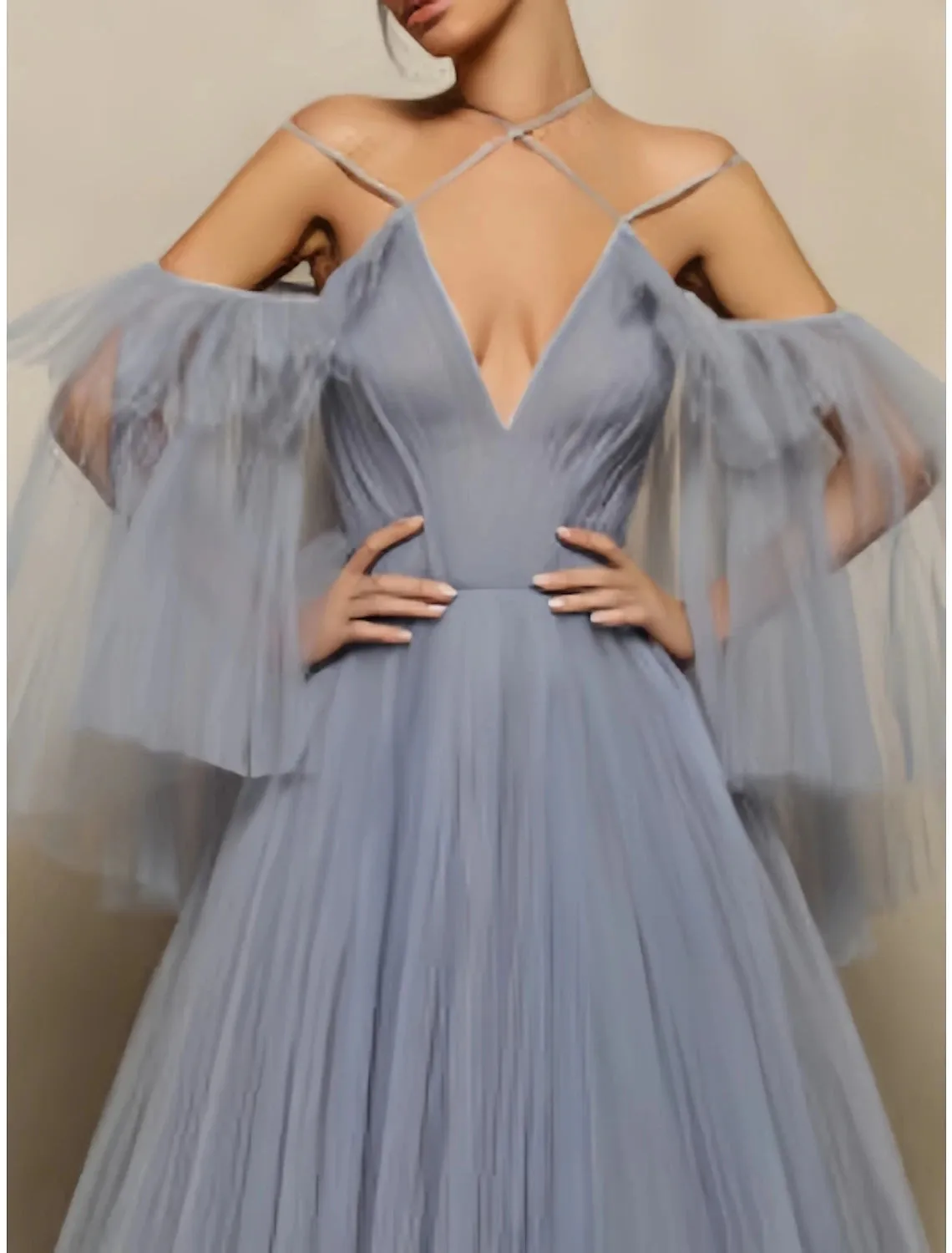 Ball Gown Evening Gown Elegant Dress Formal Fall Floor Length Half Sleeve Halter Neck Tulle with Pleats Ruffles