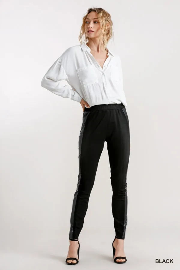 Black Faux Leather Contrast Leggings with Elastic Waist