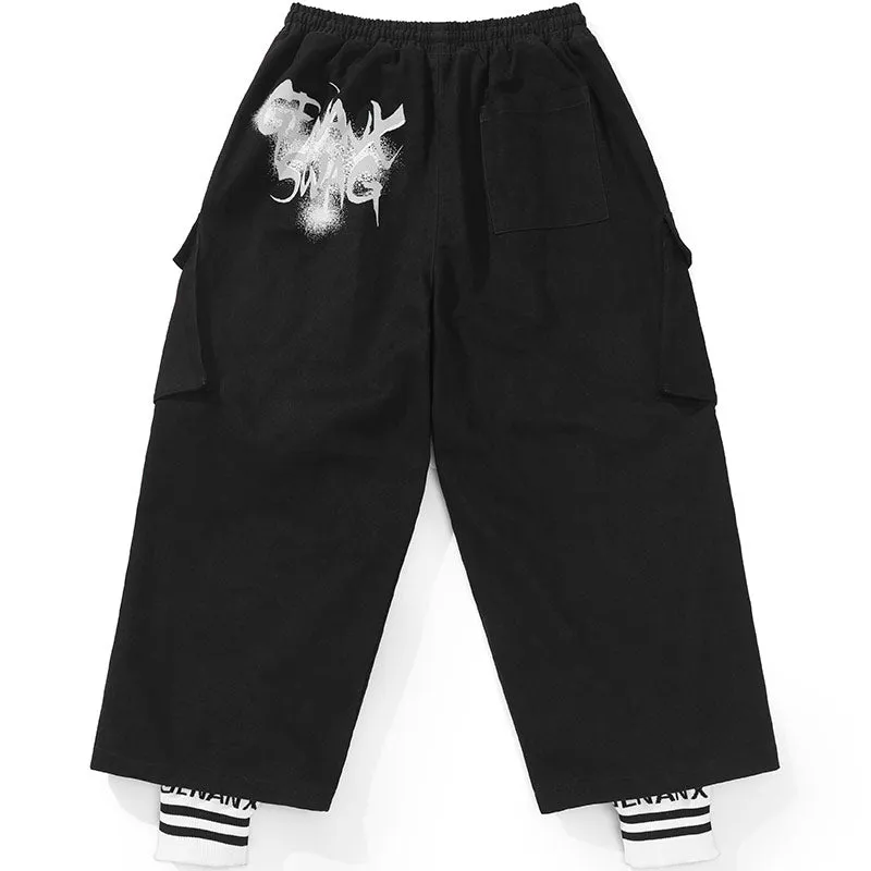 Black Safari Style Patchwork Pocket Straight Pants