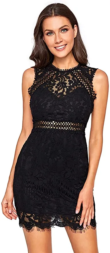 Black Women's Sleeveless Scalloped Hem Fitted Floral Lace Bodycon Dress - Verdusa