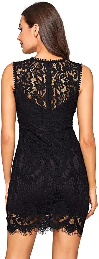 Black Women's Sleeveless Scalloped Hem Fitted Floral Lace Bodycon Dress - Verdusa