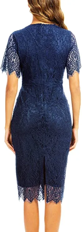Blue Women's Elegant Floral Lace Bodycon Cocktail Lace Dress - ALLANDWELL