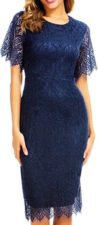 Blue Women's Elegant Floral Lace Bodycon Cocktail Lace Dress - ALLANDWELL
