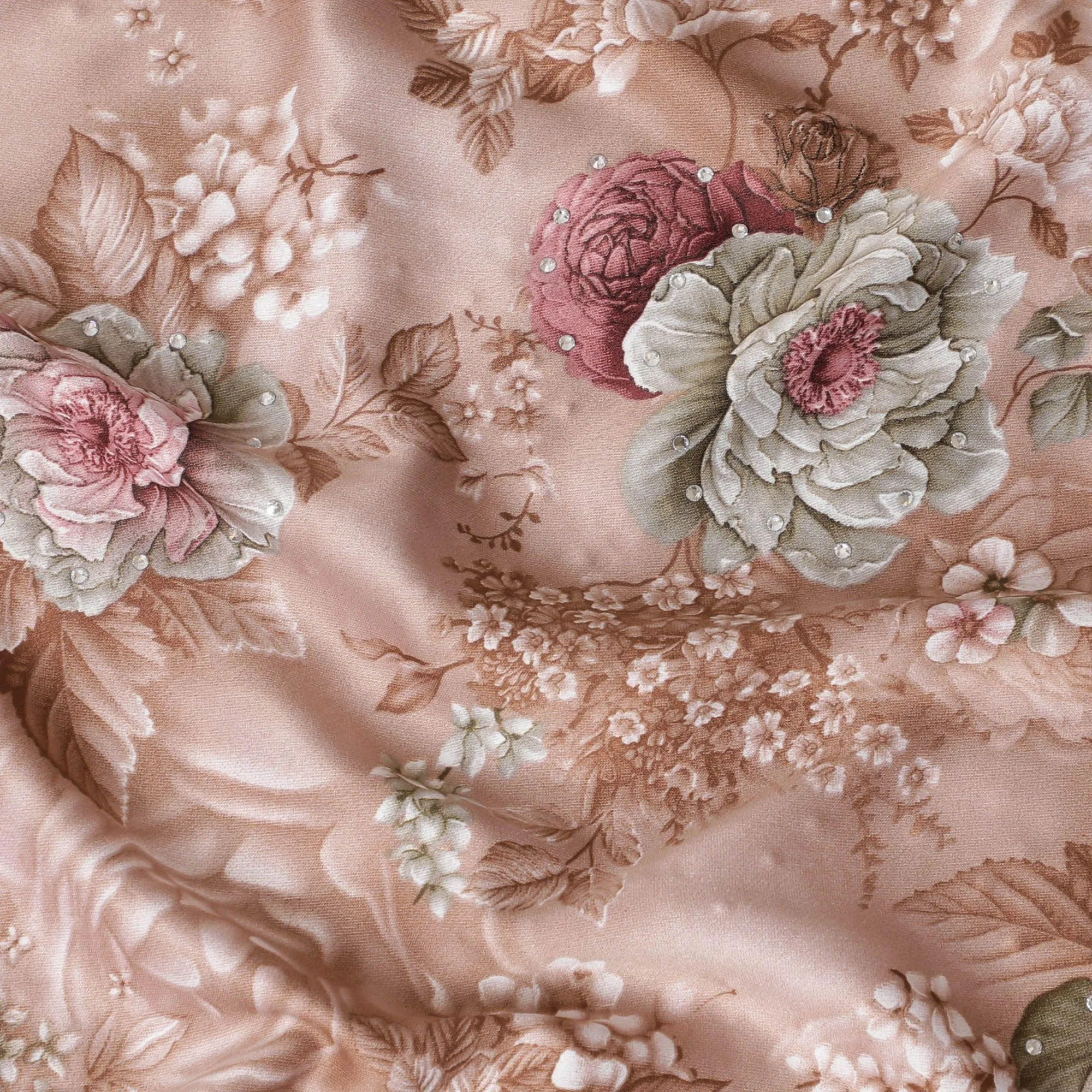 Brown synthetic crepe fabric with multicolor print having stone work in floral design-D15310