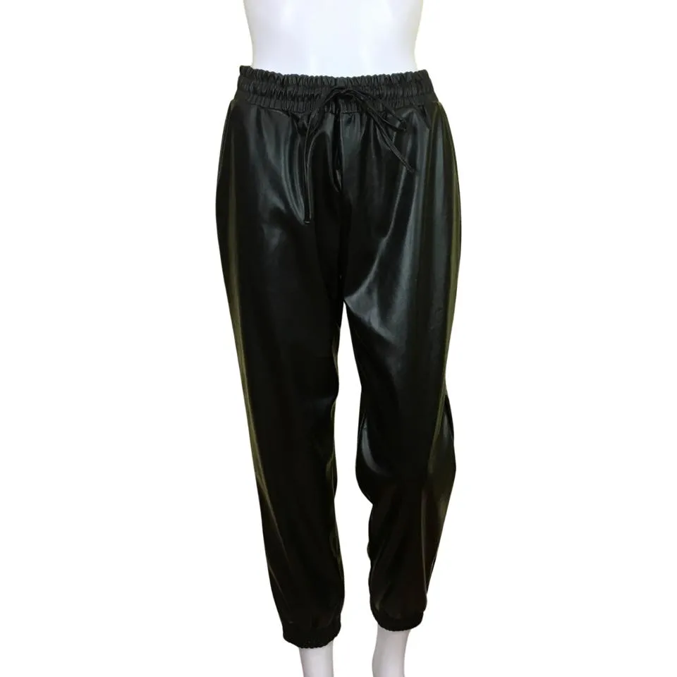 C By One Women's Leather Drawstrings Pants Slimming Jogger Sz M