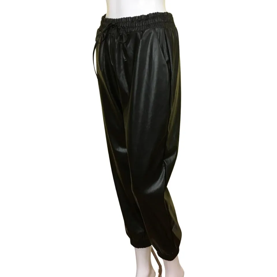 C By One Women's Leather Drawstrings Pants Slimming Jogger Sz M