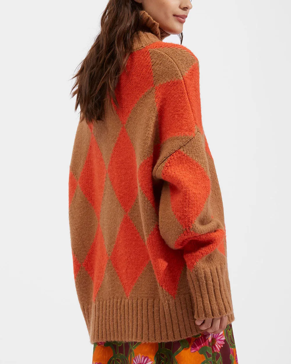Camel and Orange Argyle Turtleneck Sweater