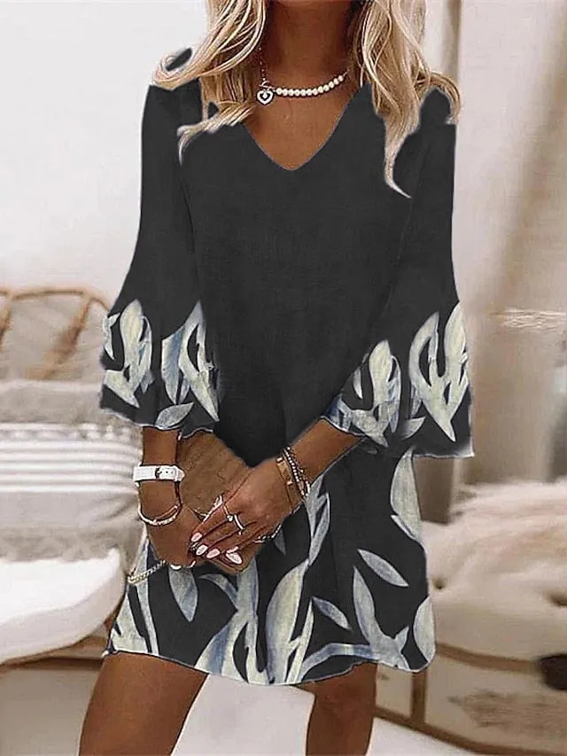 Casual Dress Shift Dress Floral Dress Mini Dress Black Wine Purple 3/4 Length Sleeve Floral Print Summer Spring V Neck Vacation Vacation Loose Fit  S M L XL XXL 3XL for Women