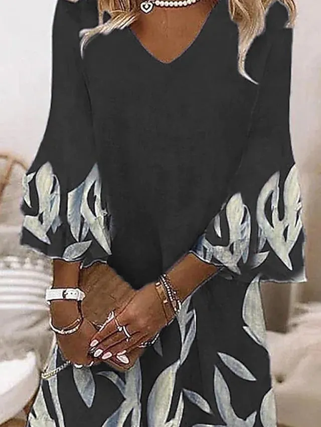 Casual Dress Shift Dress Floral Dress Mini Dress Black Wine Purple 3/4 Length Sleeve Floral Print Summer Spring V Neck Vacation Vacation Loose Fit  S M L XL XXL 3XL for Women