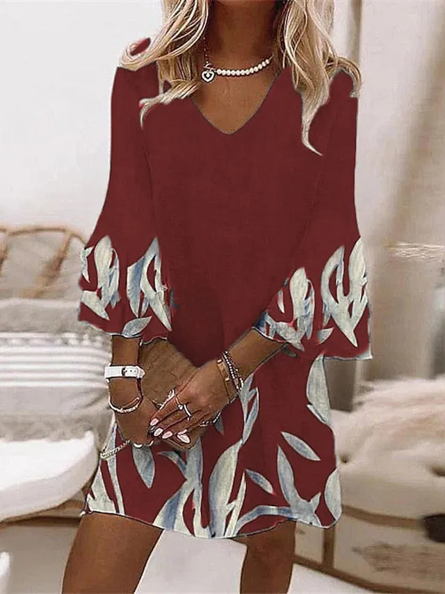 Casual Dress Shift Dress Floral Dress Mini Dress Black Wine Purple 3/4 Length Sleeve Floral Print Summer Spring V Neck Vacation Vacation Loose Fit  S M L XL XXL 3XL for Women