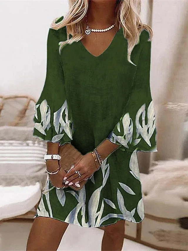 Casual Dress Shift Dress Floral Dress Mini Dress Black Wine Purple 3/4 Length Sleeve Floral Print Summer Spring V Neck Vacation Vacation Loose Fit  S M L XL XXL 3XL for Women
