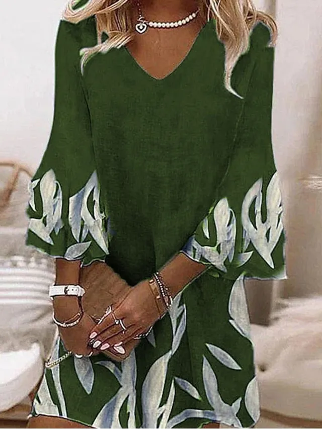Casual Dress Shift Dress Floral Dress Mini Dress Black Wine Purple 3/4 Length Sleeve Floral Print Summer Spring V Neck Vacation Vacation Loose Fit  S M L XL XXL 3XL for Women