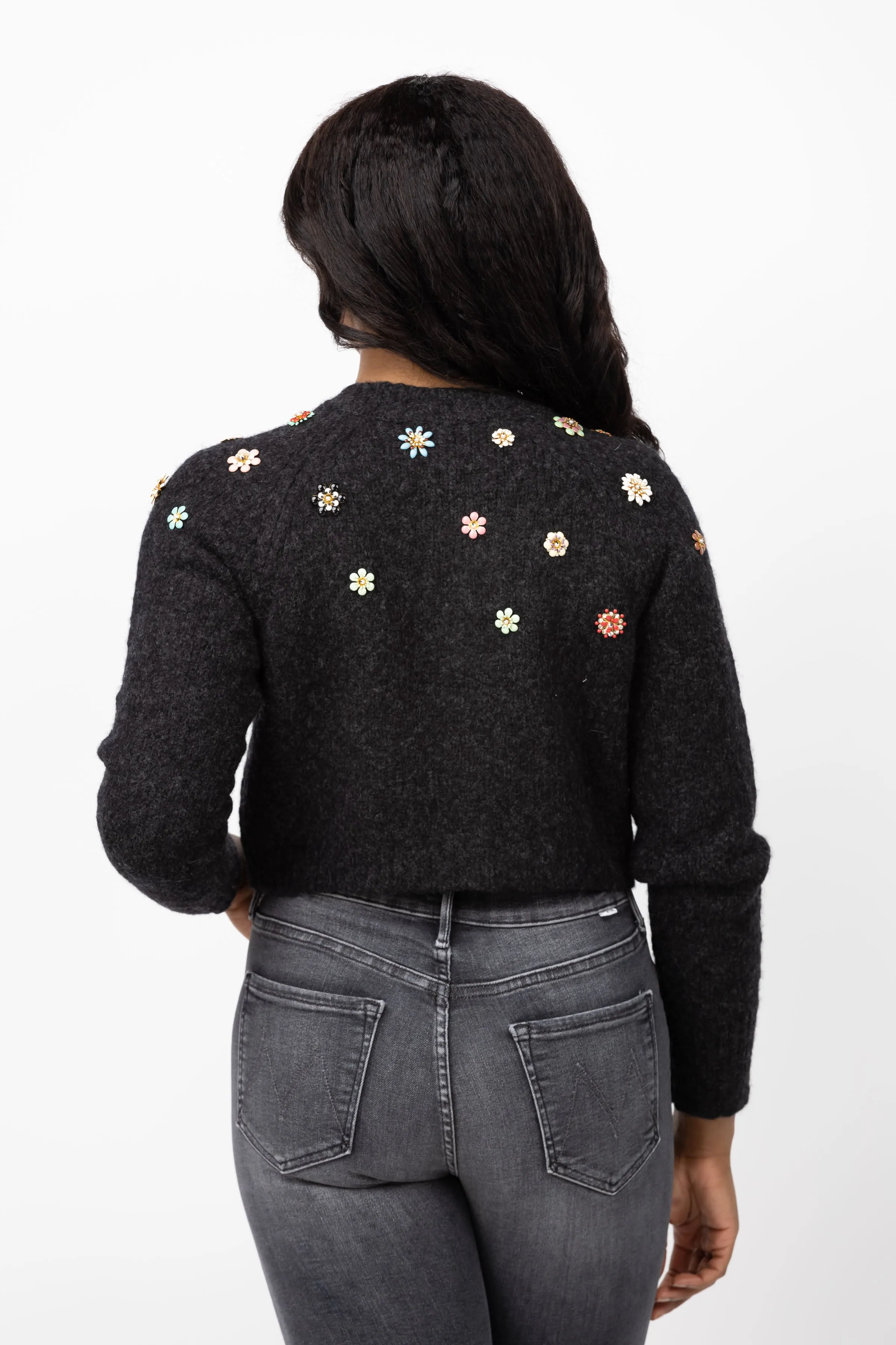 Cinq a Sept Millie Clustered Enamel Flower Cropped Cardigan in Charcoal
