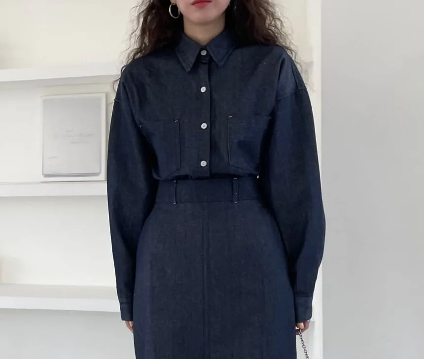 Collared Drop Shoulder Denim Shirt / High Waist Plain Midi A-Line Skirt