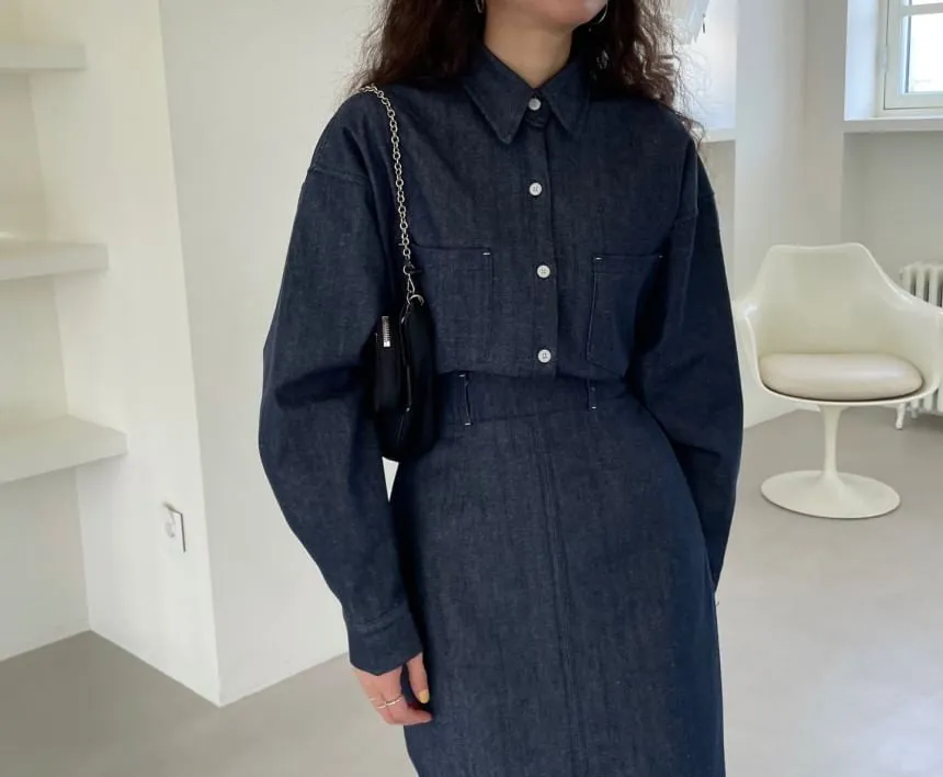 Collared Drop Shoulder Denim Shirt / High Waist Plain Midi A-Line Skirt