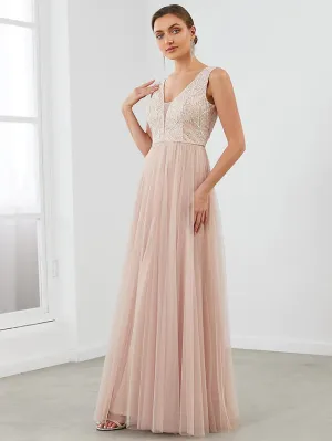 Evening Gown Elegant Dress Wedding Guest Floor Length Sleeveless V Neck Tulle V Back with Sequin Draping