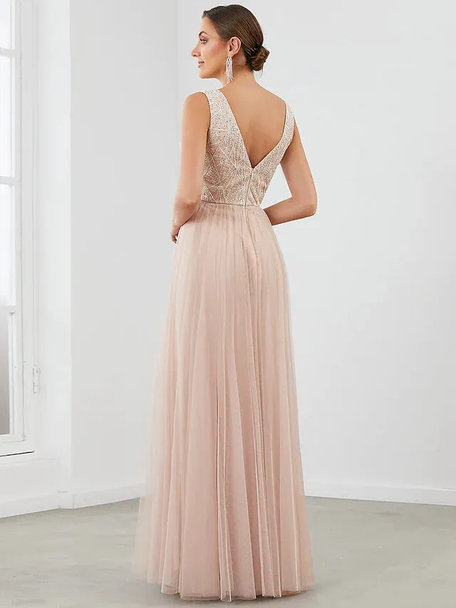 Evening Gown Elegant Dress Wedding Guest Floor Length Sleeveless V Neck Tulle V Back with Sequin Draping