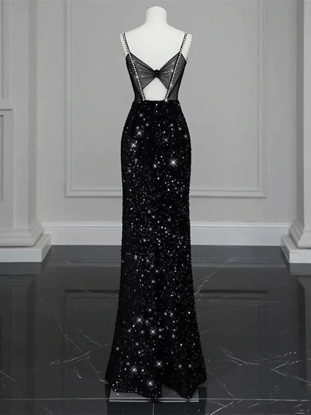 Evening Gown Sexy Dress Formal Floor Length Sleeveless Spaghetti Strap Sequined with Bow(s) Crystals Sequin