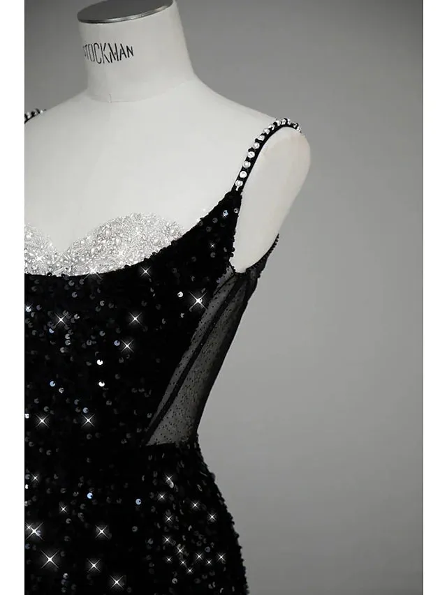 Evening Gown Sexy Dress Formal Floor Length Sleeveless Spaghetti Strap Sequined with Bow(s) Crystals Sequin