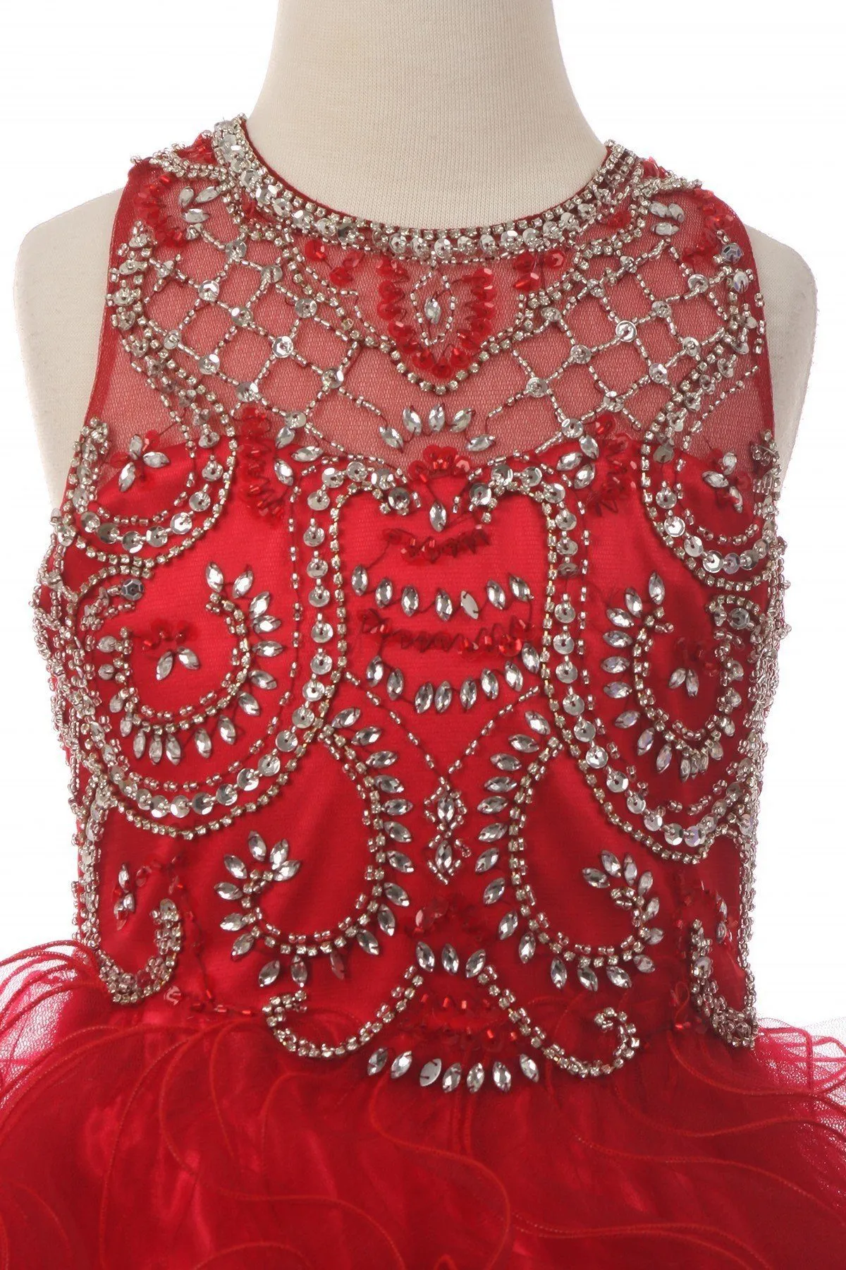 Girls Beaded Illusion Ball Gown with Ruffled Skirt 8001