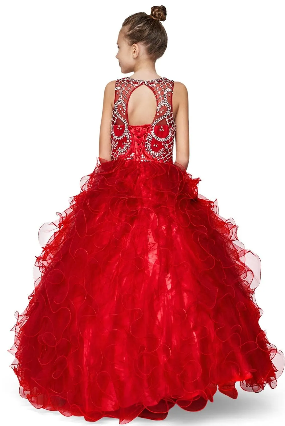 Girls Beaded Illusion Ball Gown with Ruffled Skirt 8001