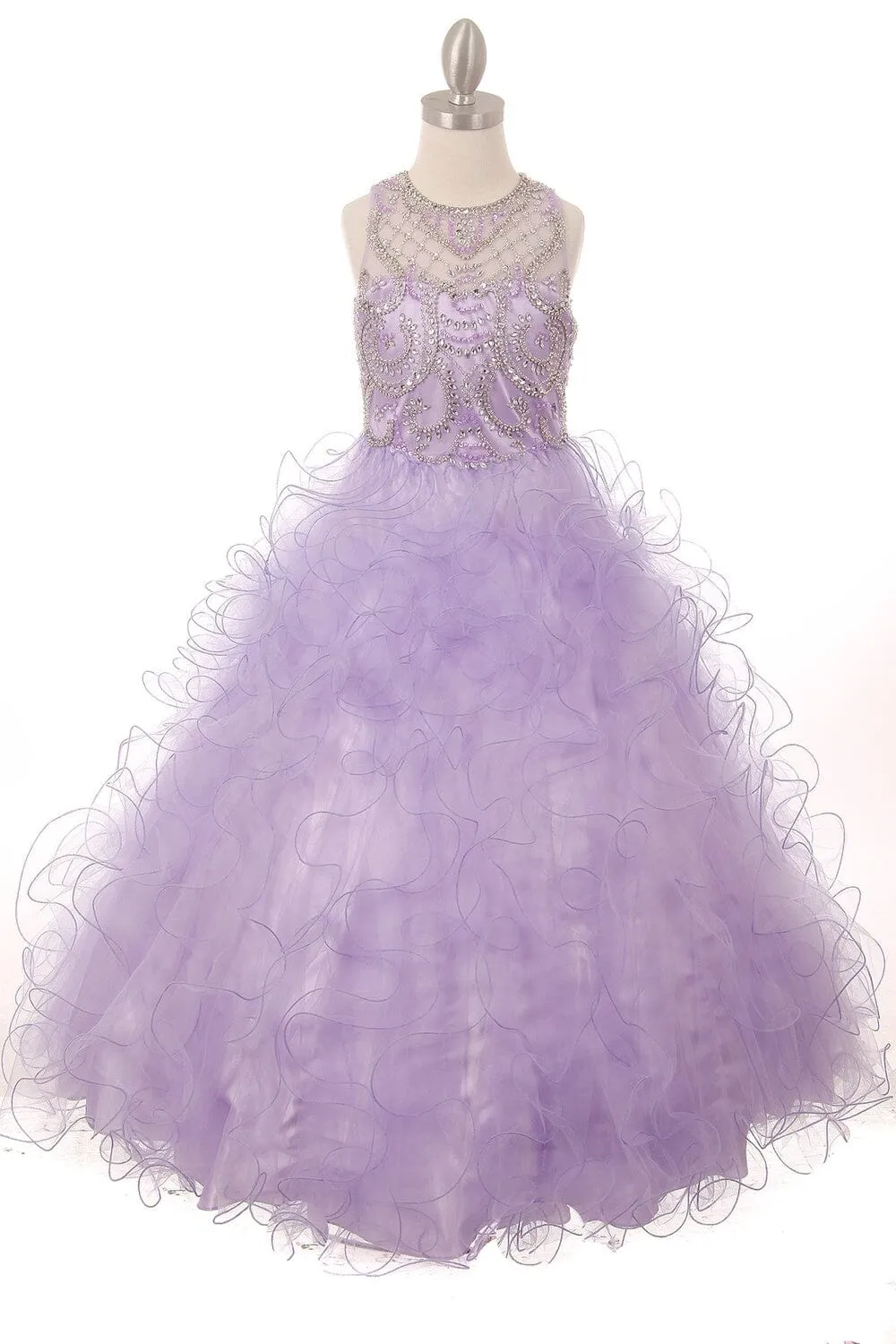 Girls Beaded Illusion Ball Gown with Ruffled Skirt 8001