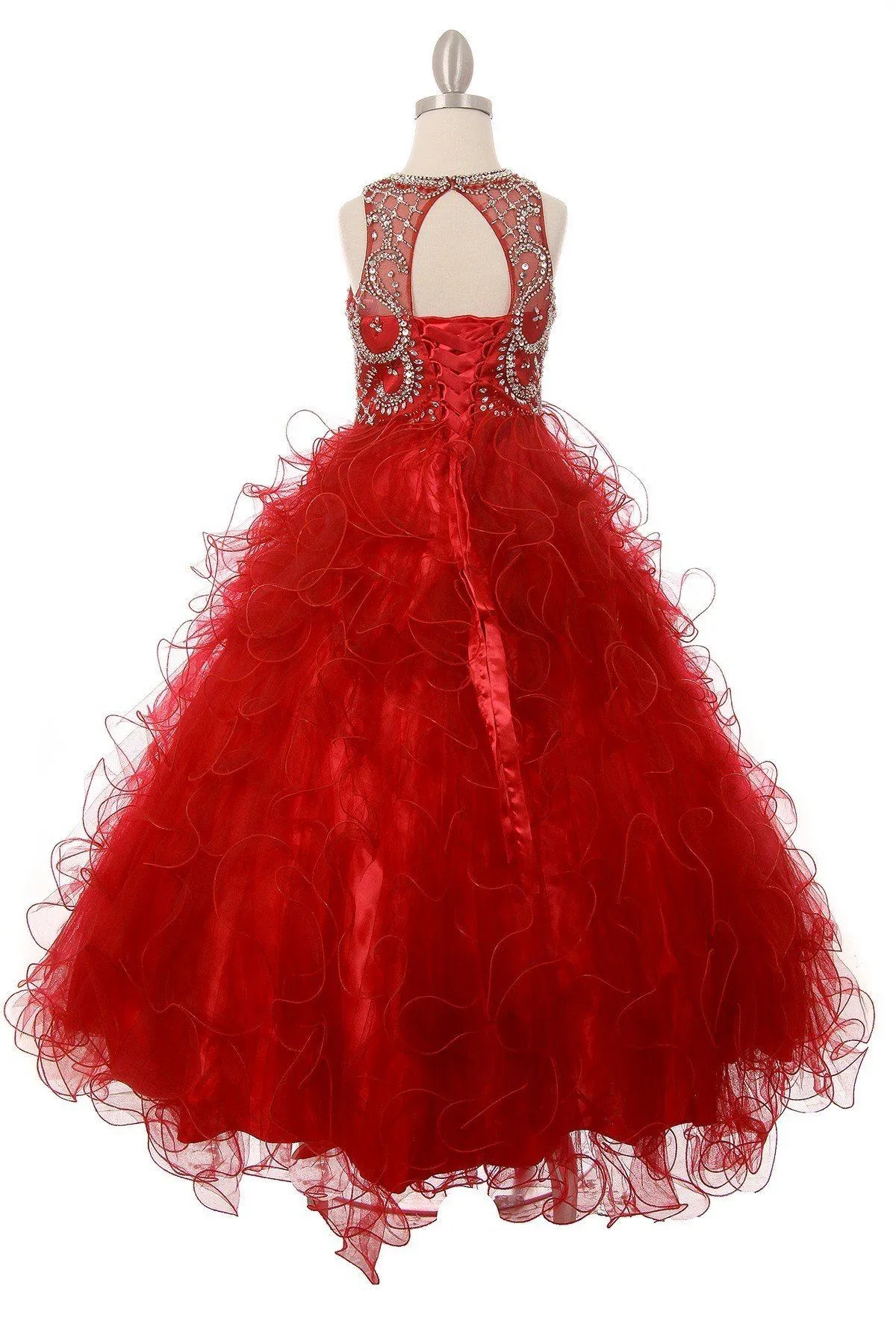 Girls Beaded Illusion Ball Gown with Ruffled Skirt 8001