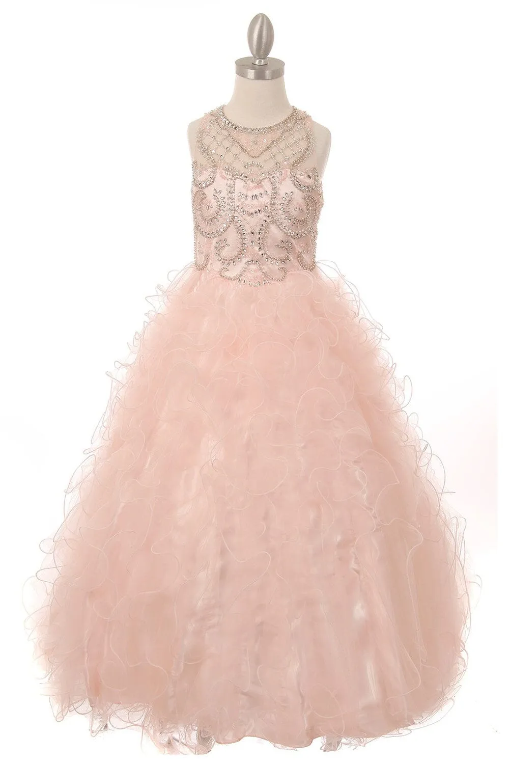 Girls Beaded Illusion Ball Gown with Ruffled Skirt 8001