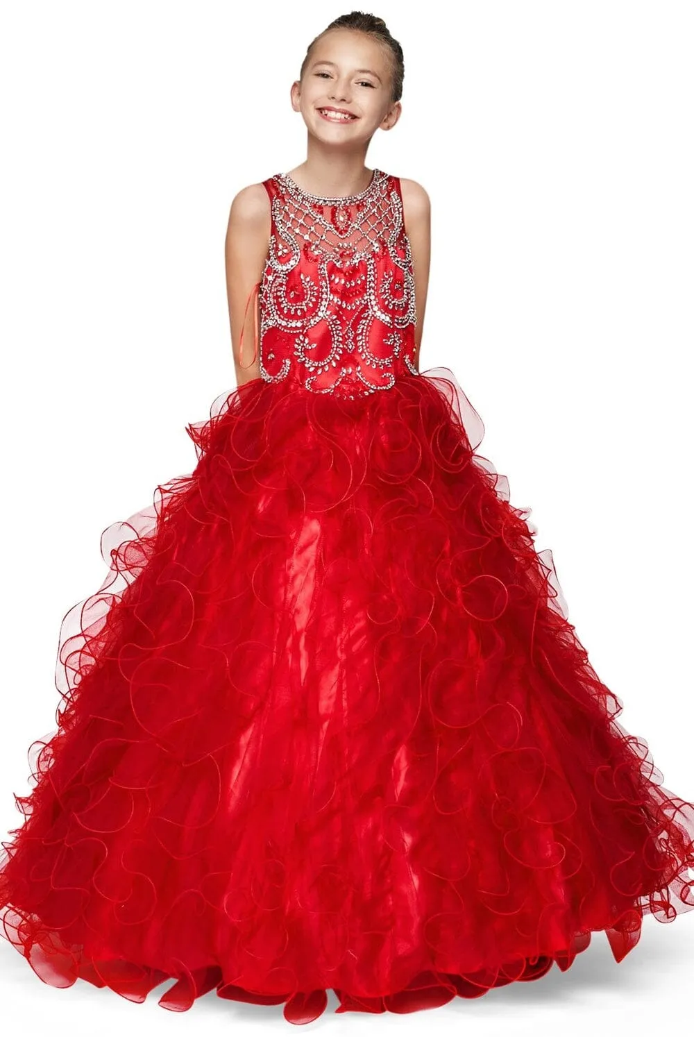 Girls Beaded Illusion Ball Gown with Ruffled Skirt 8001