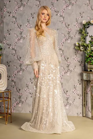 GLS BY GLORIA GL3497 Illusion Puff Sleeves Evening Dress