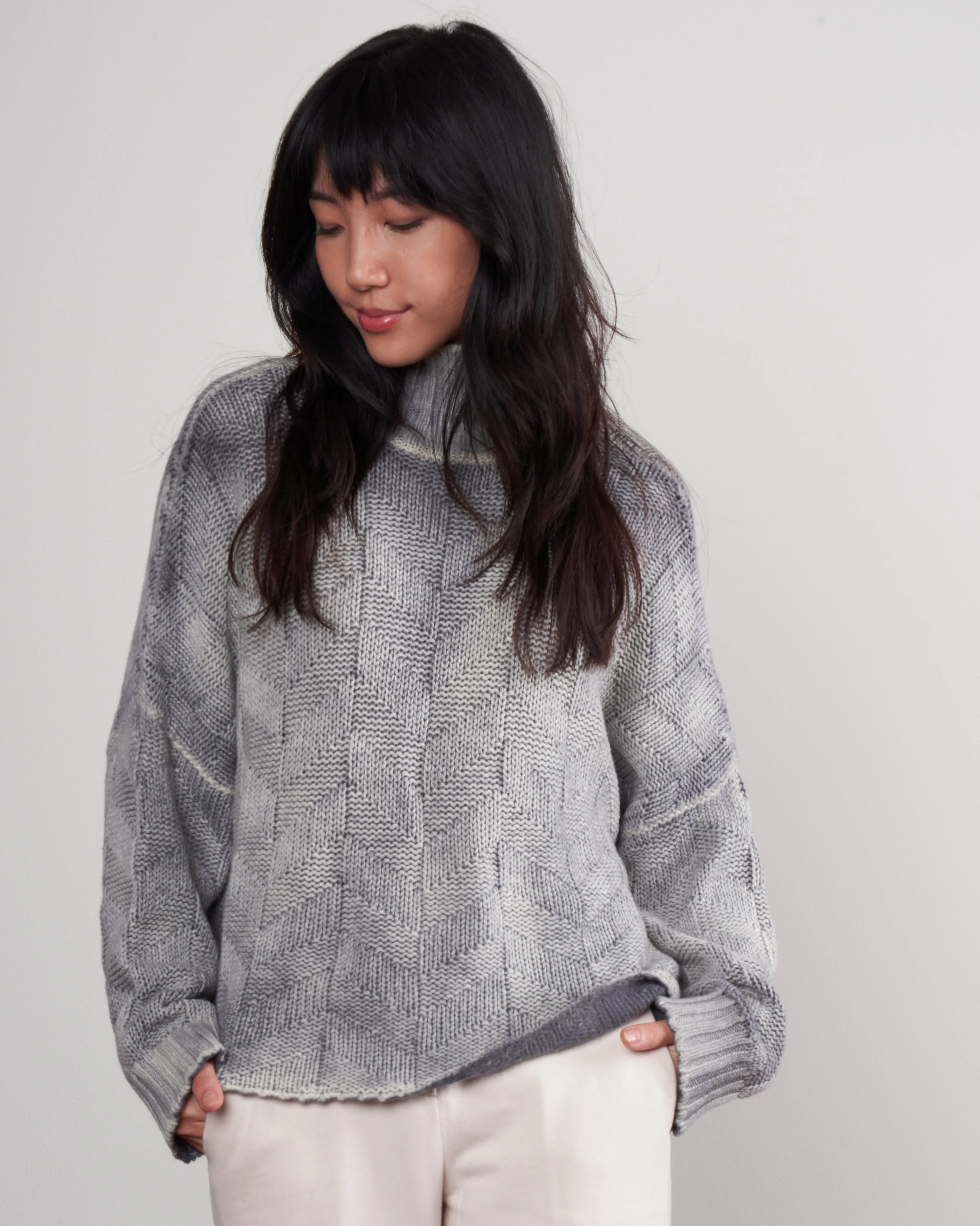 high neck pullover in geometric stitch - ghiaccio