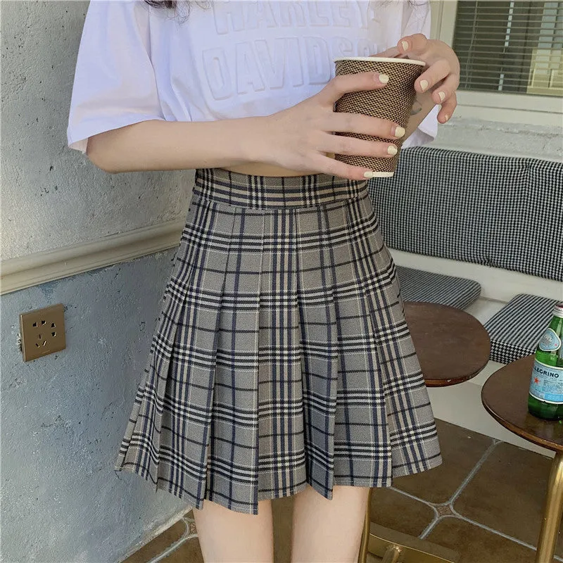 High Waist A-Line Plaid Pleated Skirt