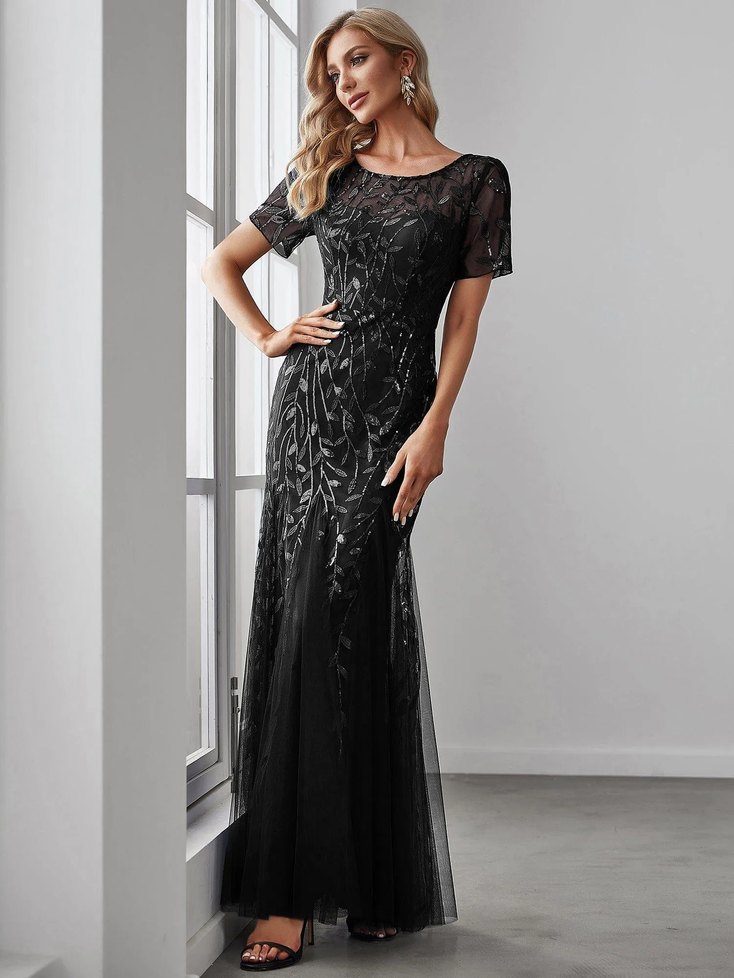 Ivy | Floral Sequin Maxi Fishtail Tulle Formal Evening Dress with Short Sleeve