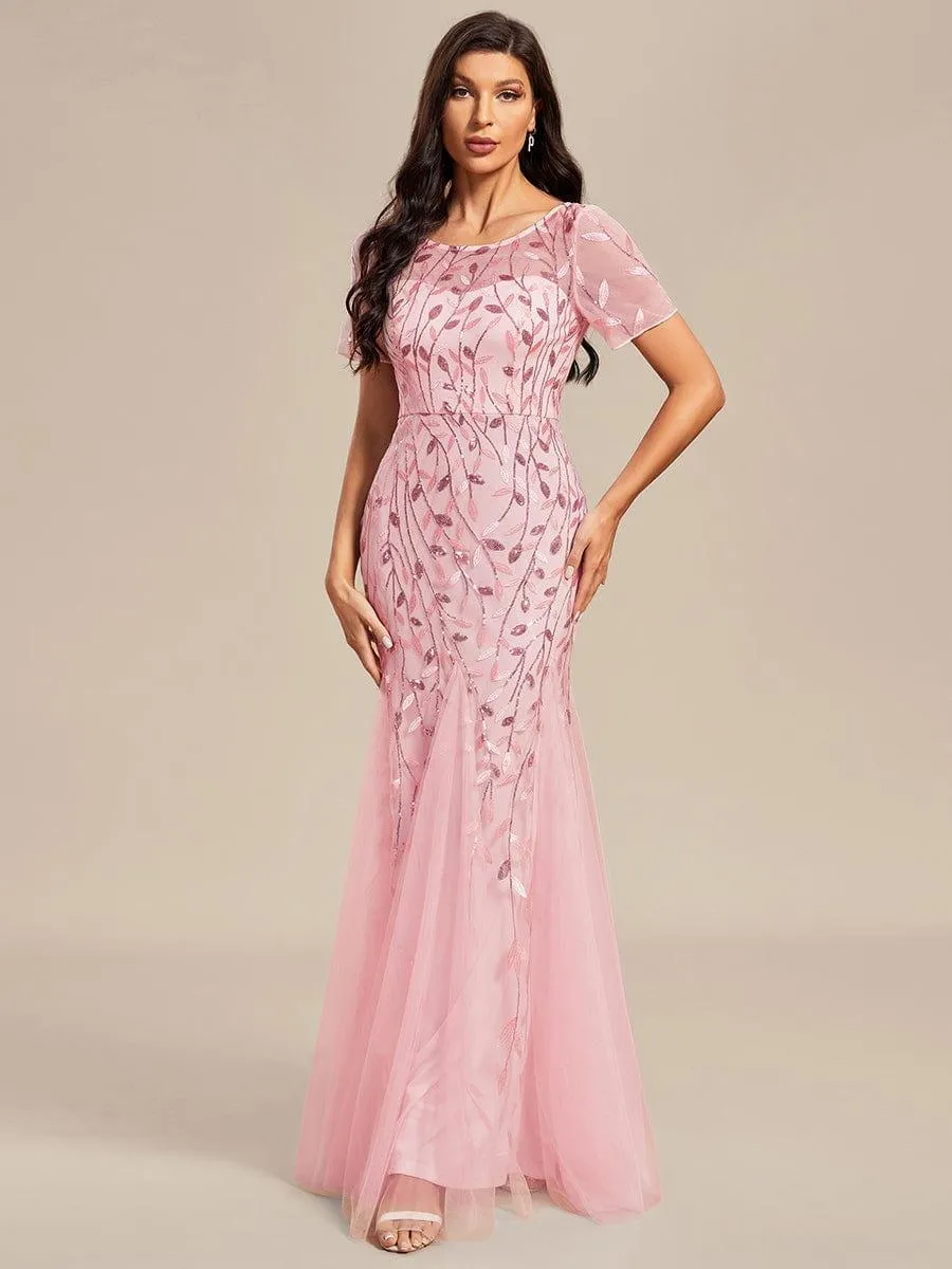 Ivy | Floral Sequin Maxi Fishtail Tulle Formal Evening Dress with Short Sleeve