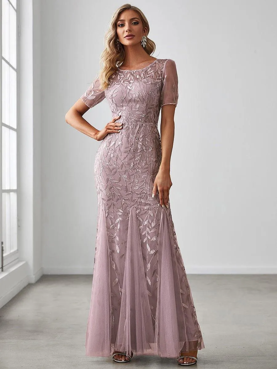 Ivy | Floral Sequin Maxi Fishtail Tulle Formal Evening Dress with Short Sleeve