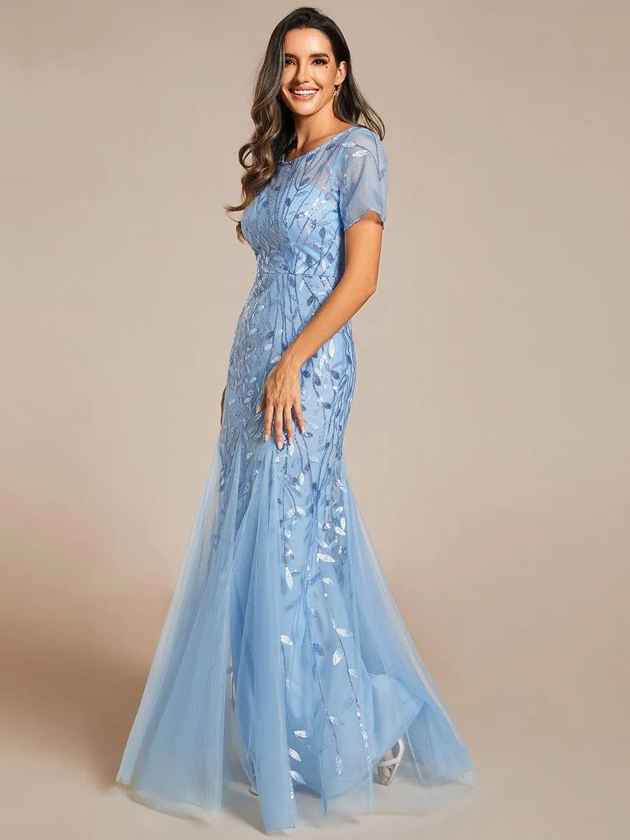 Ivy | Floral Sequin Maxi Fishtail Tulle Formal Evening Dress with Short Sleeve