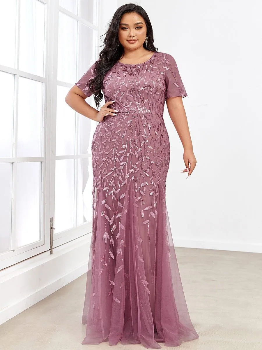 Ivy | Floral Sequin Maxi Fishtail Tulle Formal Evening Dress with Short Sleeve