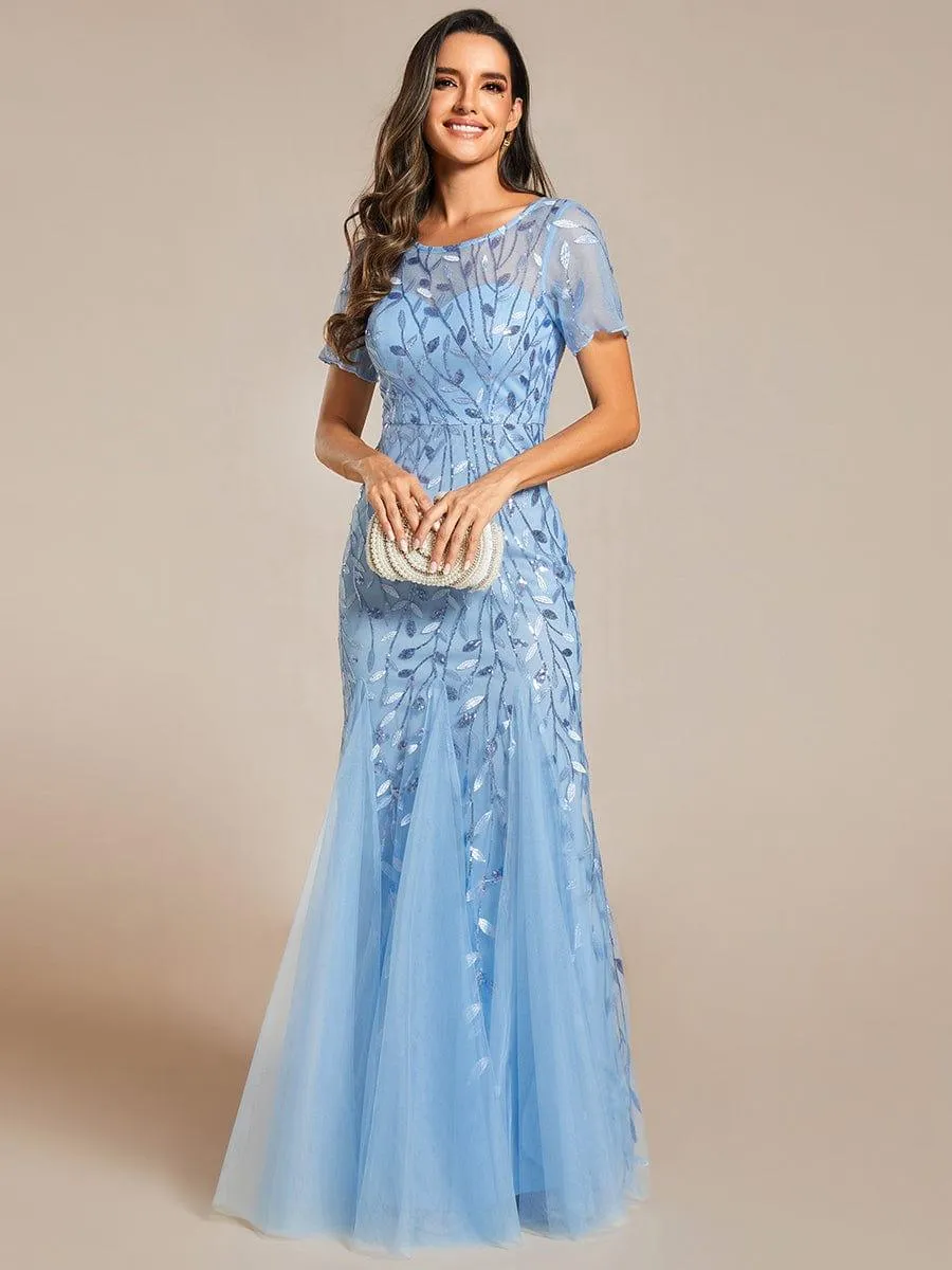 Ivy | Floral Sequin Maxi Fishtail Tulle Formal Evening Dress with Short Sleeve