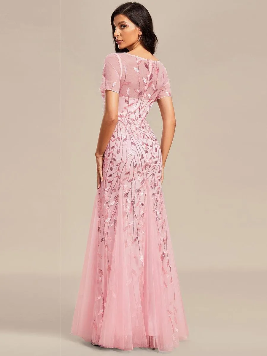 Ivy | Floral Sequin Maxi Fishtail Tulle Formal Evening Dress with Short Sleeve