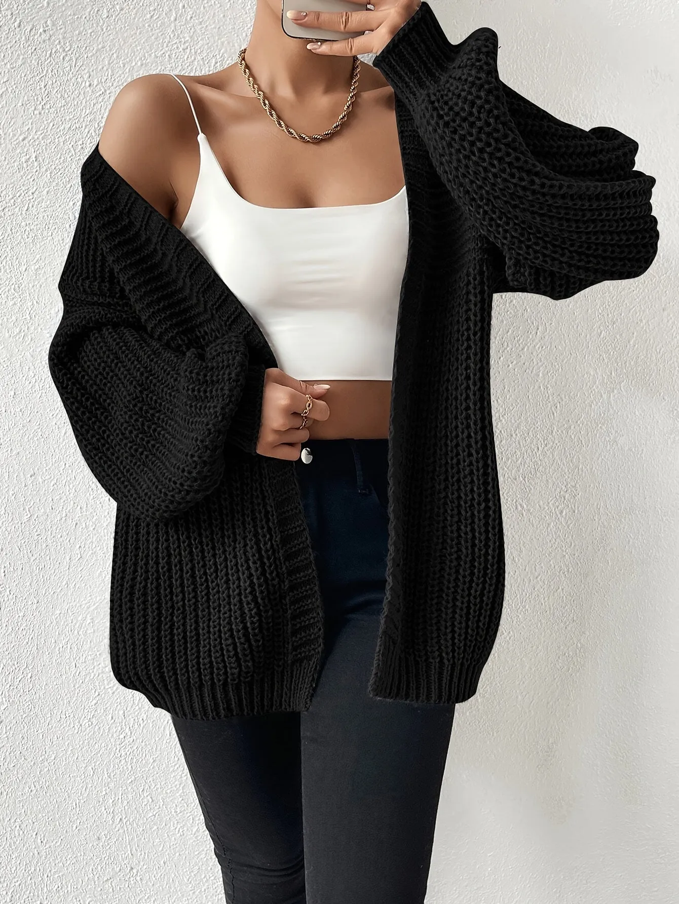 Ivyshape | Comfortable Chunky Knit Drop-Shoulder Knit Cardigan for Women Perfect for Cozy Days
