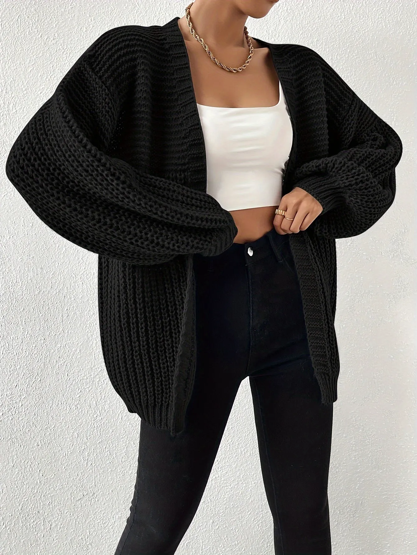 Ivyshape | Comfortable Chunky Knit Drop-Shoulder Knit Cardigan for Women Perfect for Cozy Days