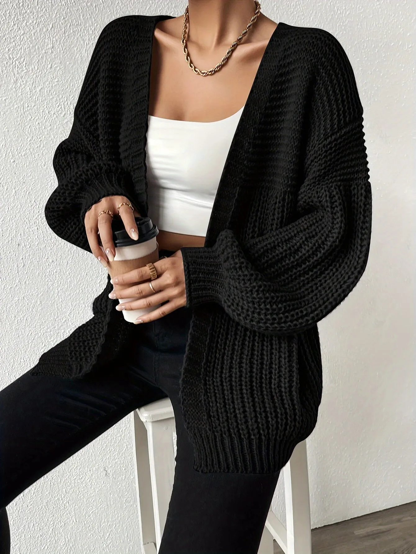 Ivyshape | Comfortable Chunky Knit Drop-Shoulder Knit Cardigan for Women Perfect for Cozy Days