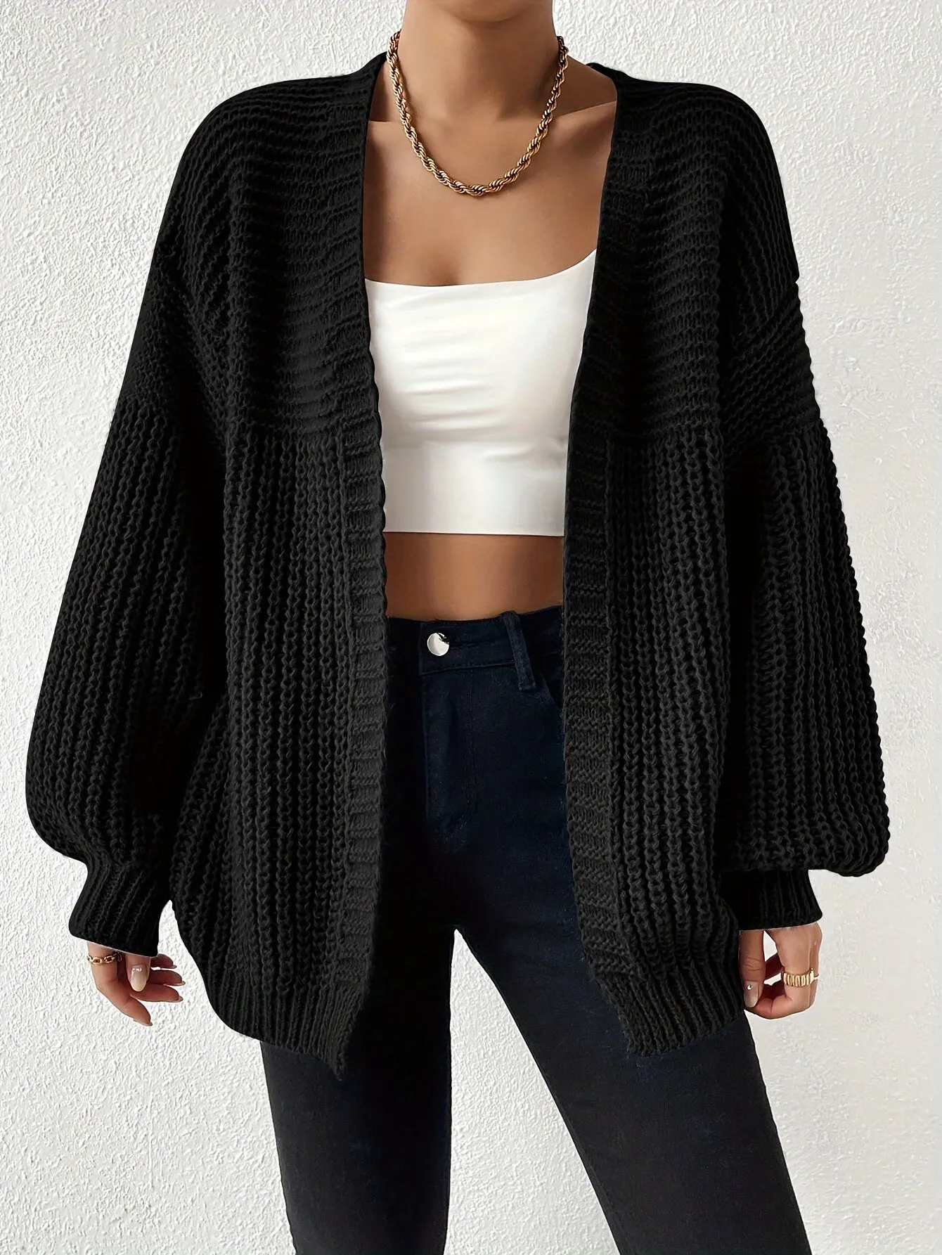 Ivyshape | Comfortable Chunky Knit Drop-Shoulder Knit Cardigan for Women Perfect for Cozy Days