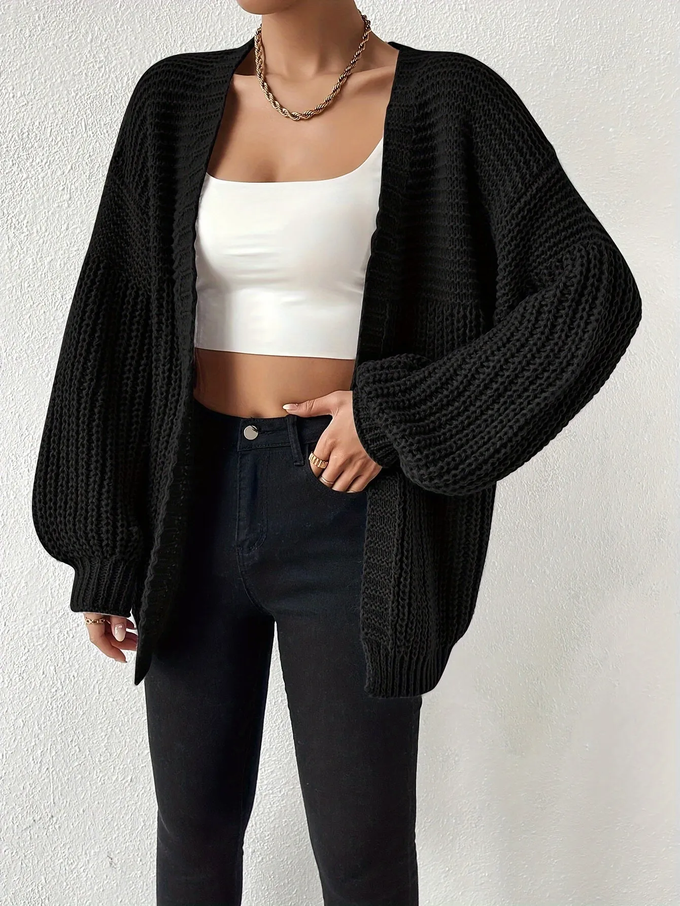 Ivyshape | Comfortable Chunky Knit Drop-Shoulder Knit Cardigan for Women Perfect for Cozy Days