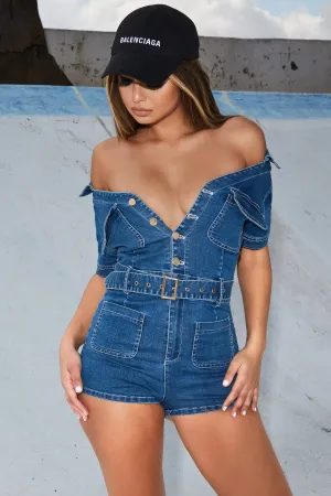 Let’s Play Belted Denim Playsuit in Blue